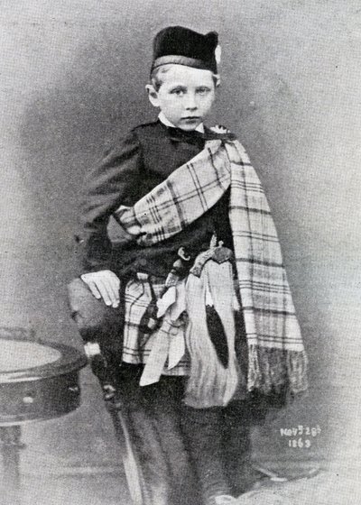 Kaiser Wilhelm II photographed at the age of 4 in the kilt worn for the wedding of his uncle, Edward, Prince of Wales to Princess Alexandra of Denmark, 1863 by English Photographer